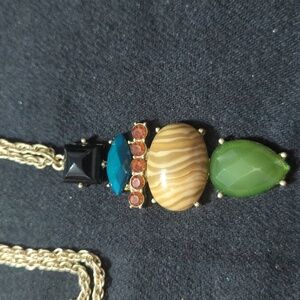 Gold Tone Black Blue Green Tan Orange Rhinestone Pendant Statement Necklace